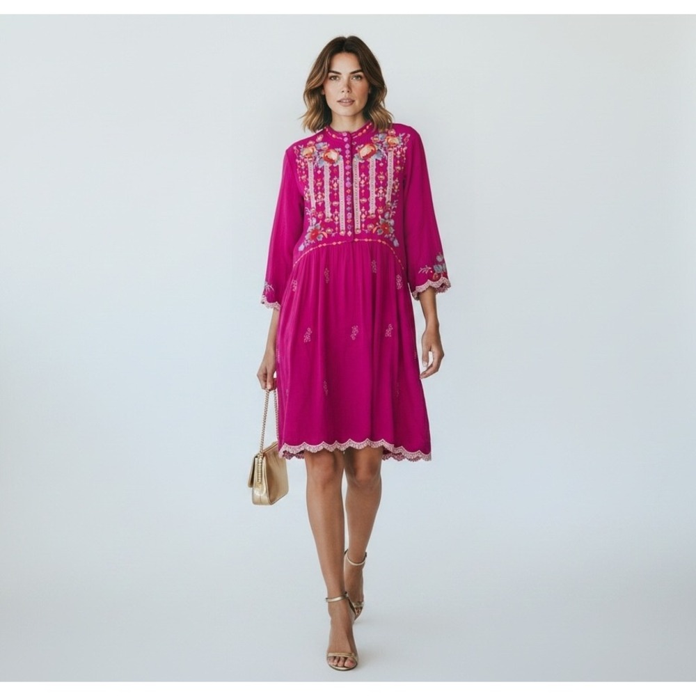 Johnny Was Diega Embroidered Tunic Dress L Magenta Floral Boho Relaxed Elegant